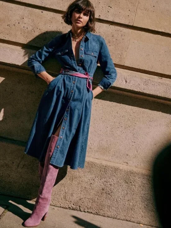 Sezane Gwen Denim Dress Organic Cotton Button Front Midi French Girl Classic 12 - Picture 1 of 11